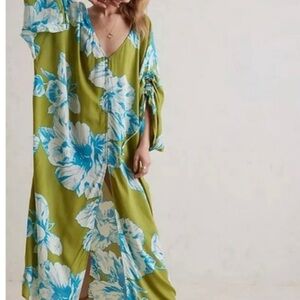 Anthropologie Floral Green and Blue Maxi kimono dress